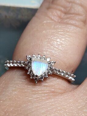 Rainbow Moonstone & White Zircon Sterling Silver Ring